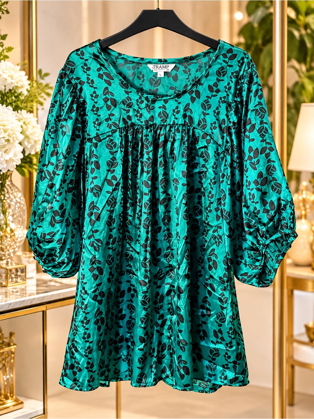 Tramp Emerald Green Satin Floral Puff-Sleeve Dress